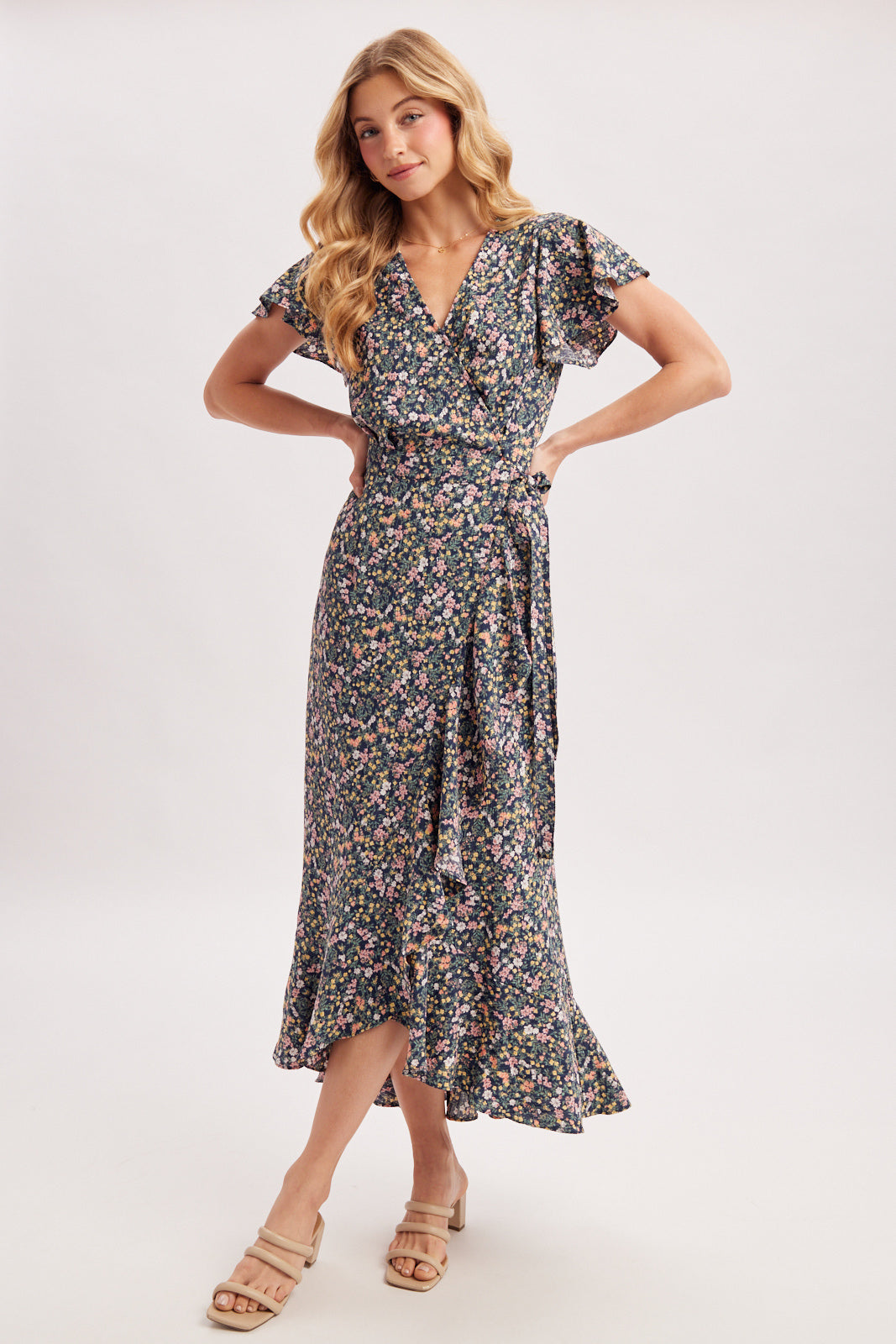 FLORAL PRINT RUFFLE WRAP DRESS - NAVY