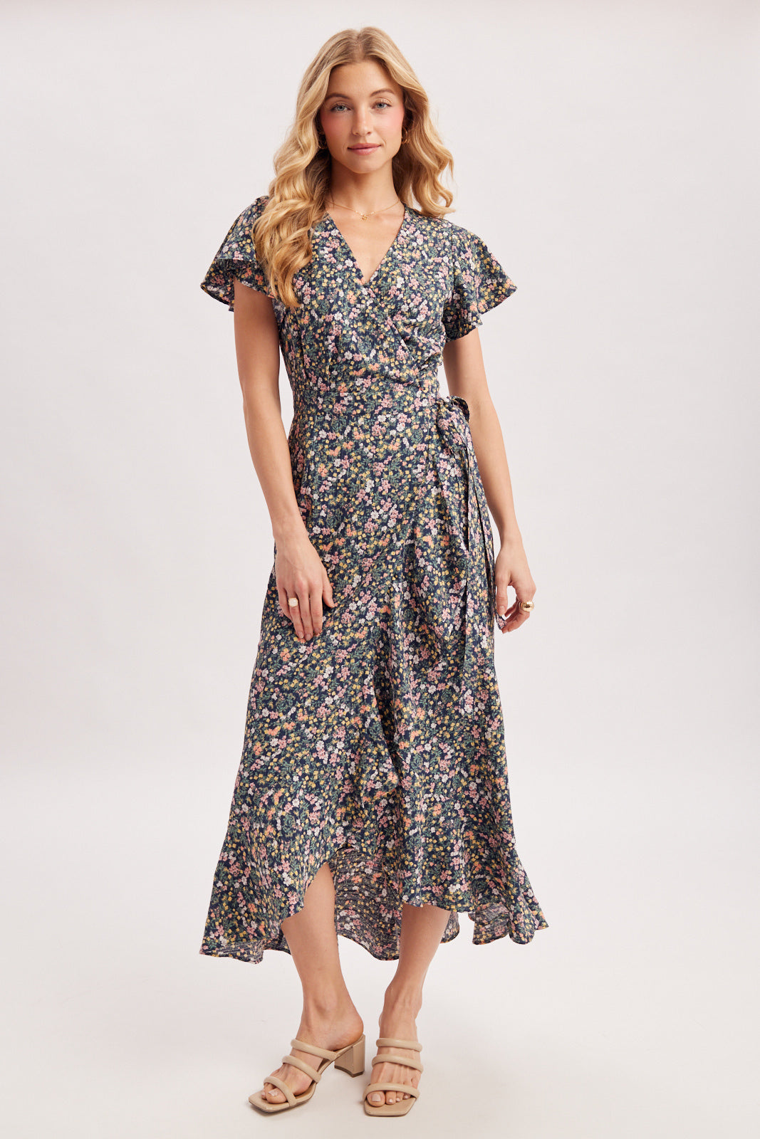 FLORAL PRINT RUFFLE WRAP DRESS - NAVY