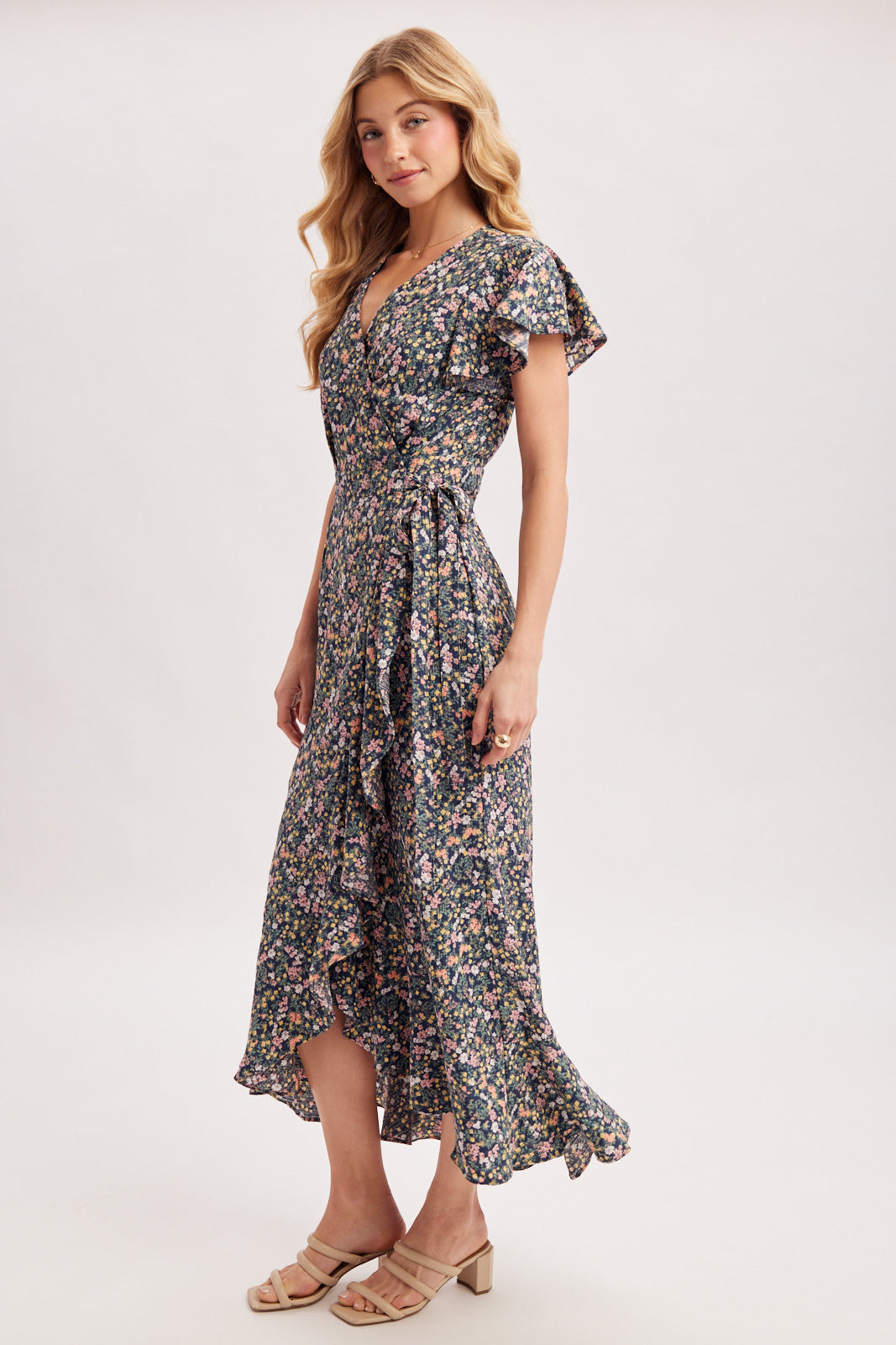 FLORAL PRINT RUFFLE WRAP DRESS - NAVY