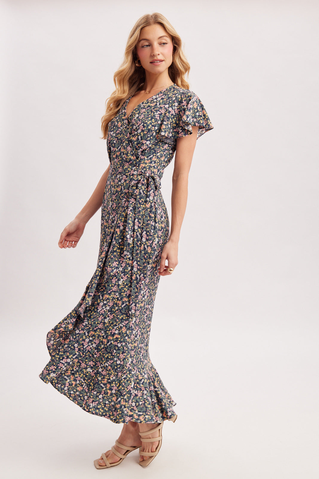 FLORAL PRINT RUFFLE WRAP DRESS - NAVY