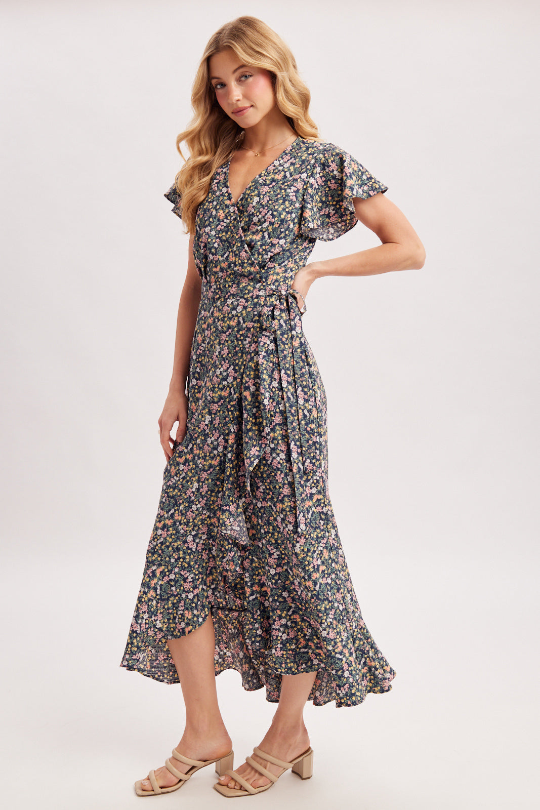 FLORAL PRINT RUFFLE WRAP DRESS - NAVY