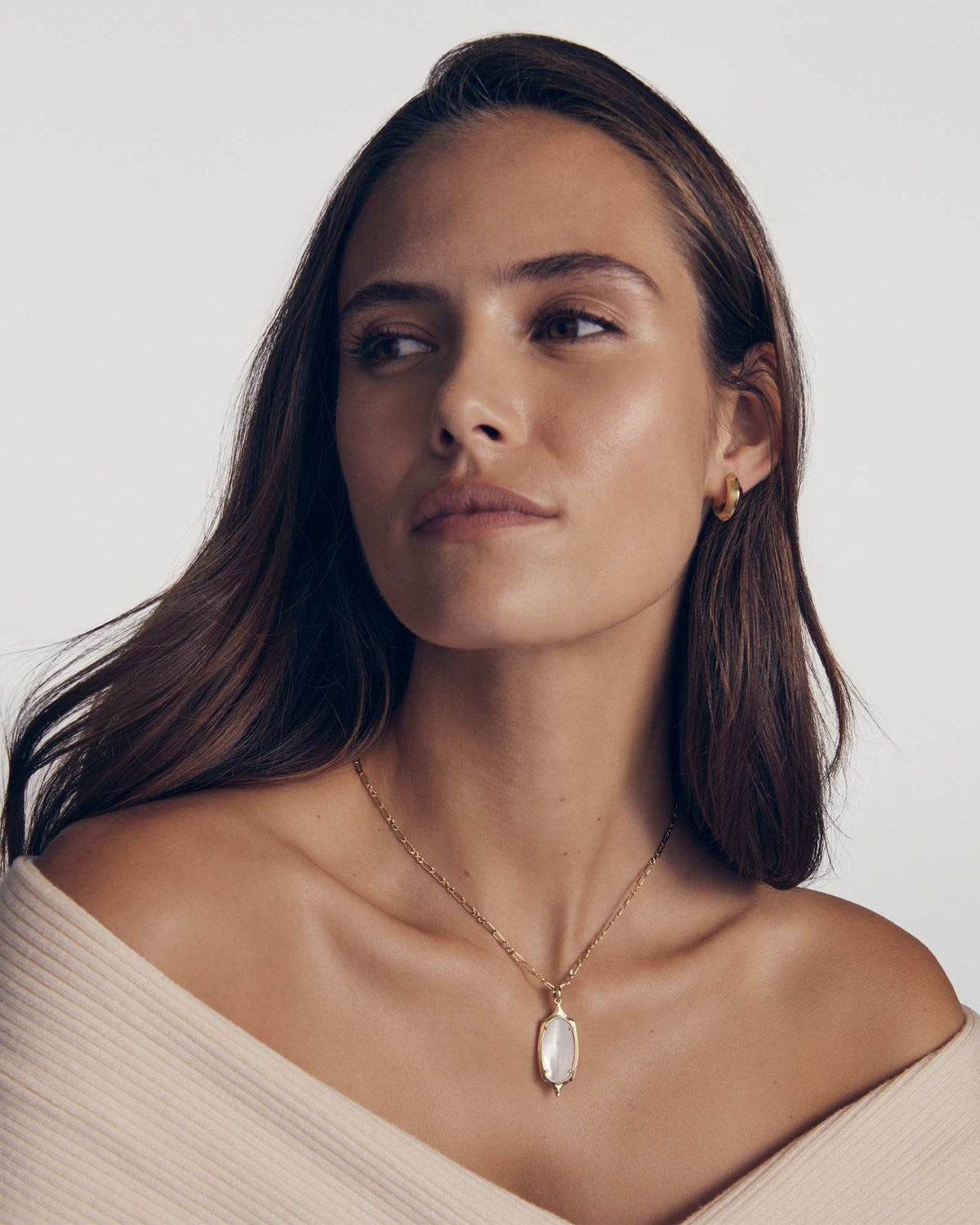 Dani Stepped Frame Gold Long Pendant Necklace - Ivory Mother of Pearl