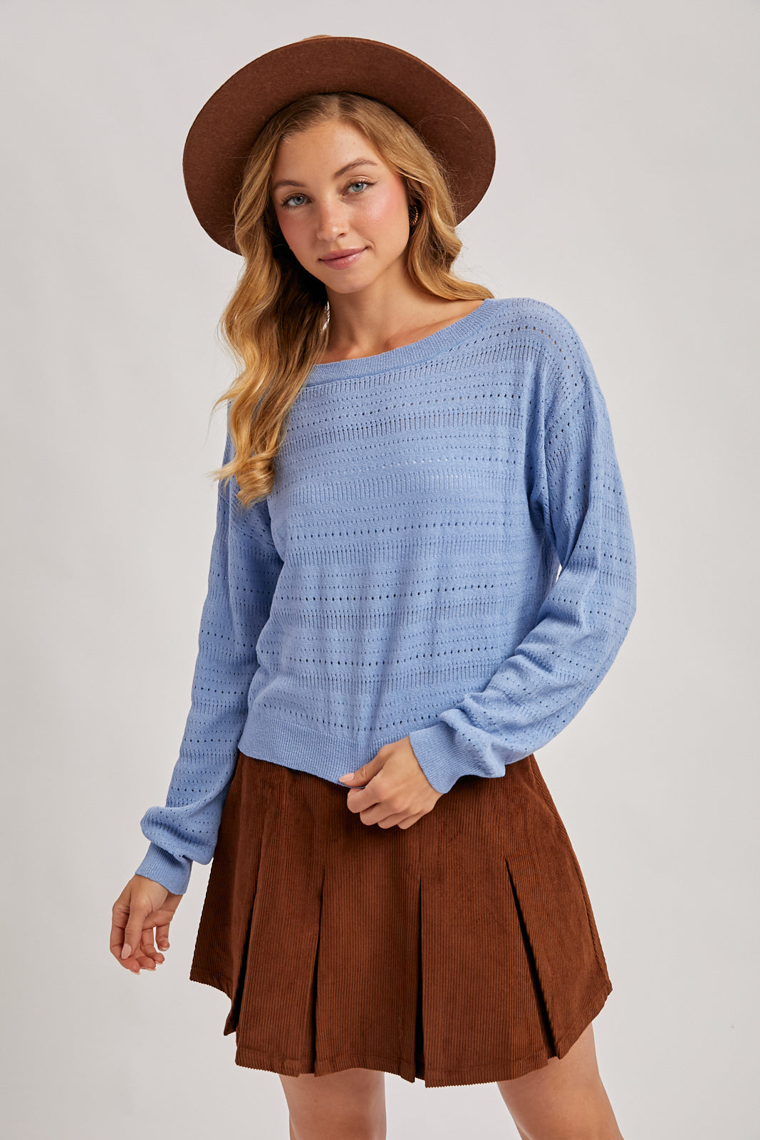 OPEN KNIT PULLOVER TOP - FRENCH BLUE