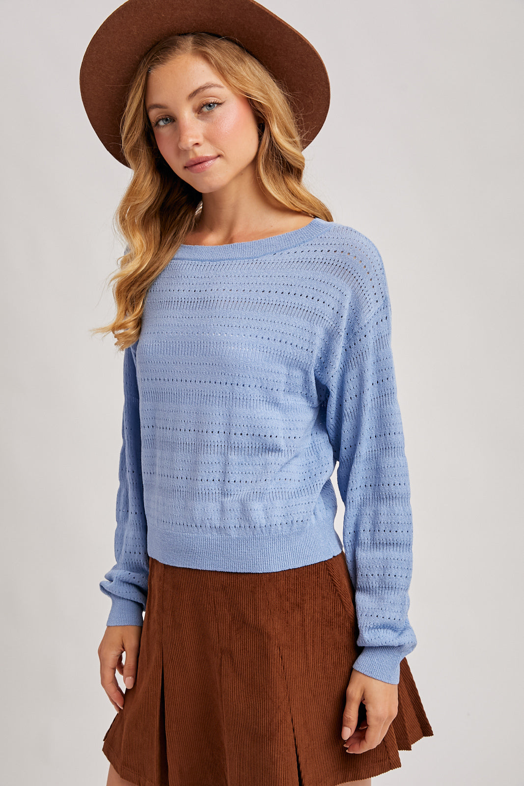 OPEN KNIT PULLOVER TOP - FRENCH BLUE