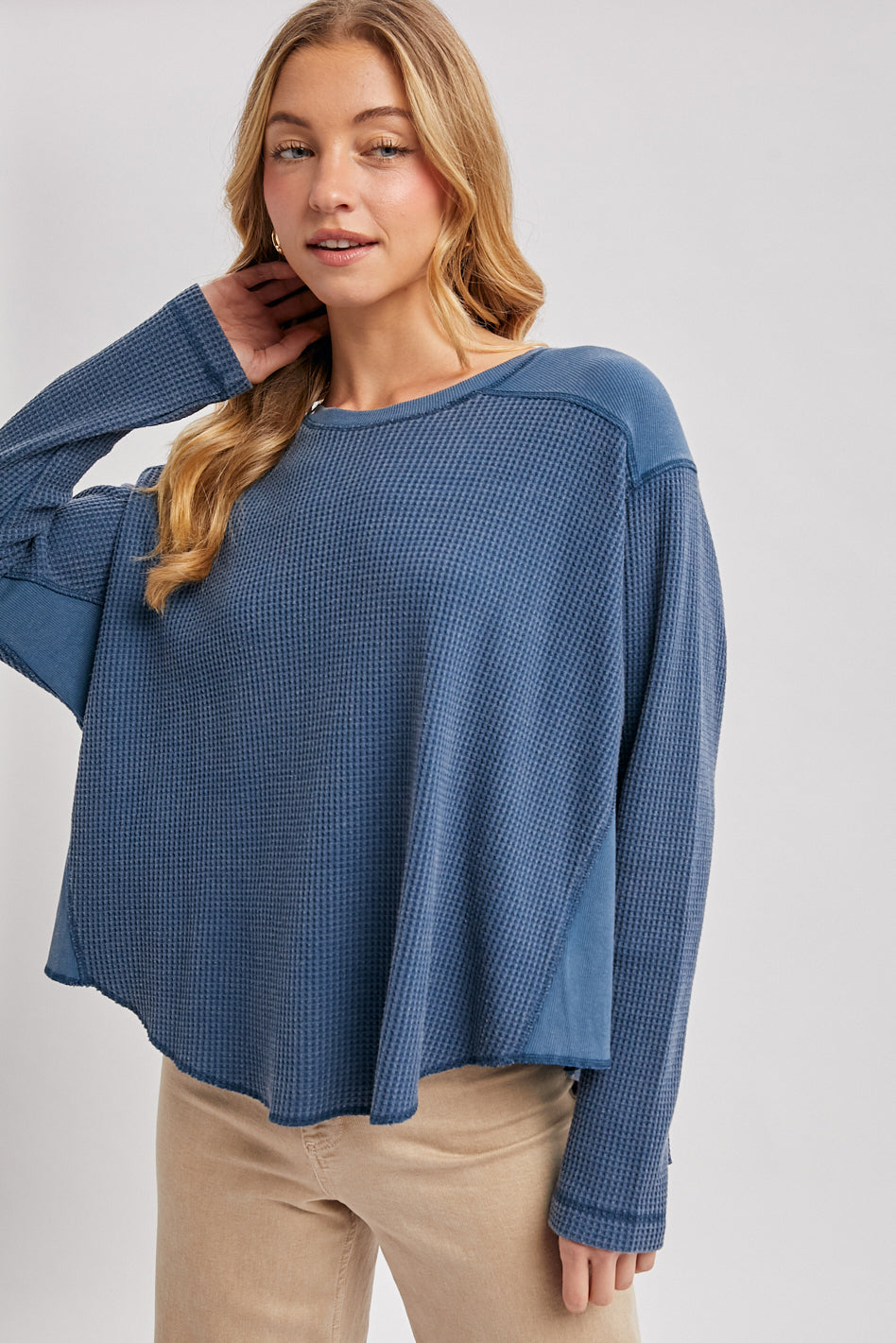 OVERSIZED WAFFLE KNIT THERMAL TOP - DENIM