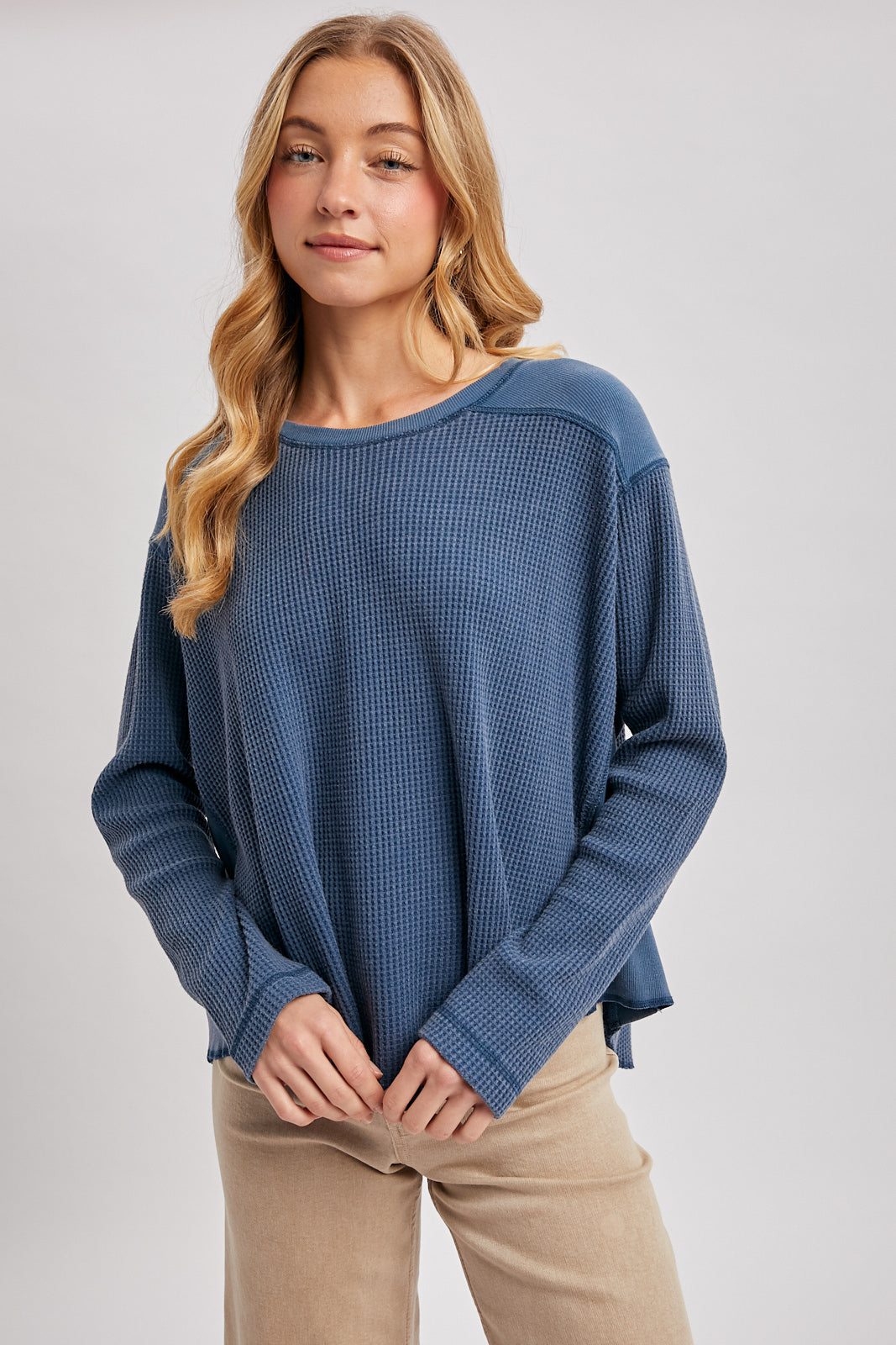OVERSIZED WAFFLE KNIT THERMAL TOP - DENIM
