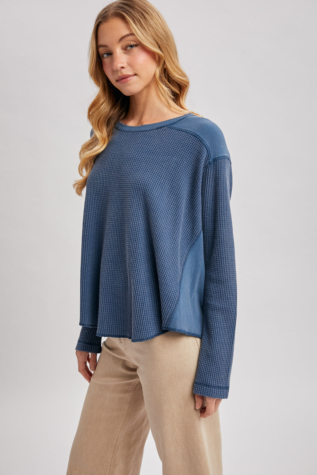 OVERSIZED WAFFLE KNIT THERMAL TOP - DENIM