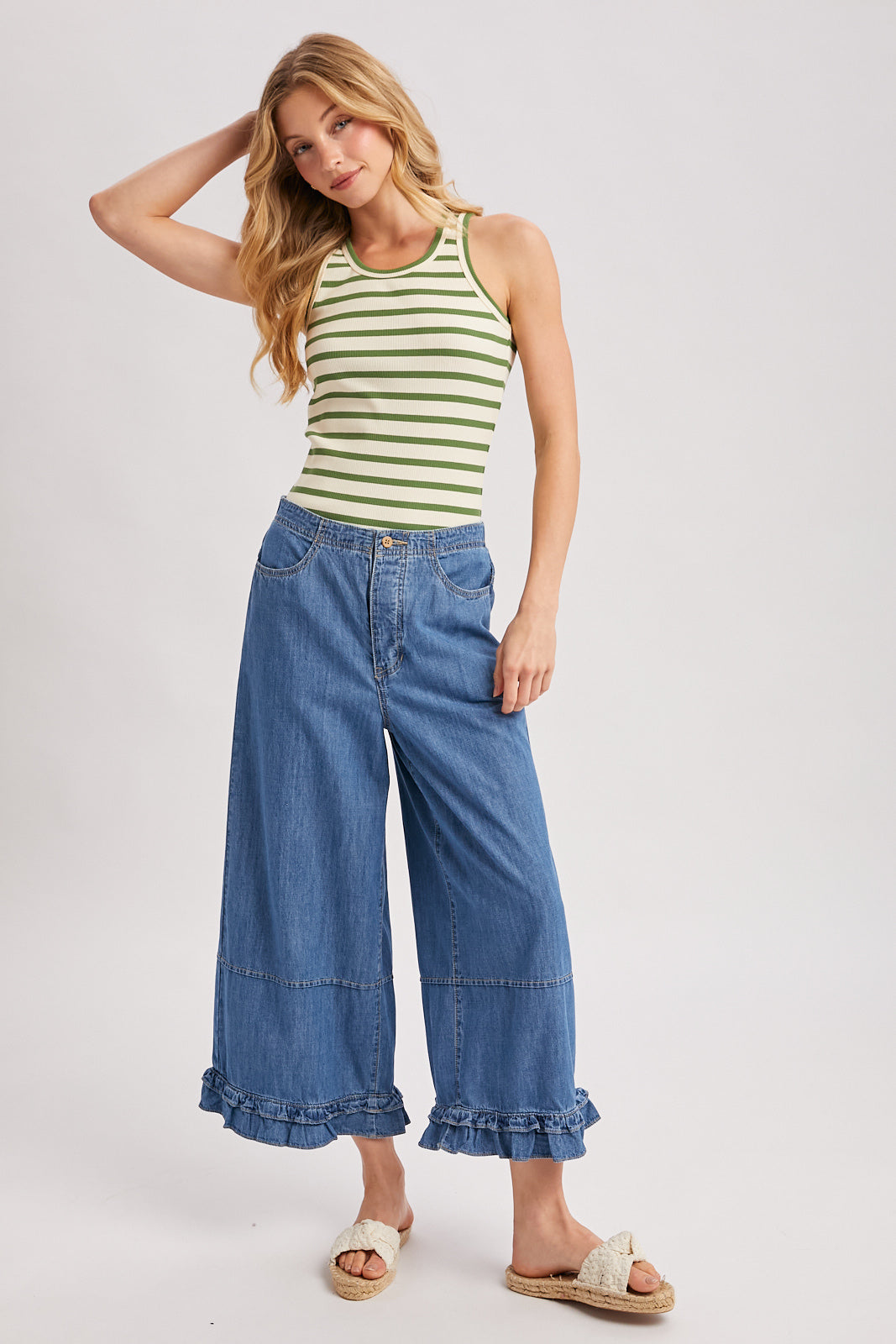 STRIPE RIBBED BOUND CREW NECK TANK TOP - GREEN