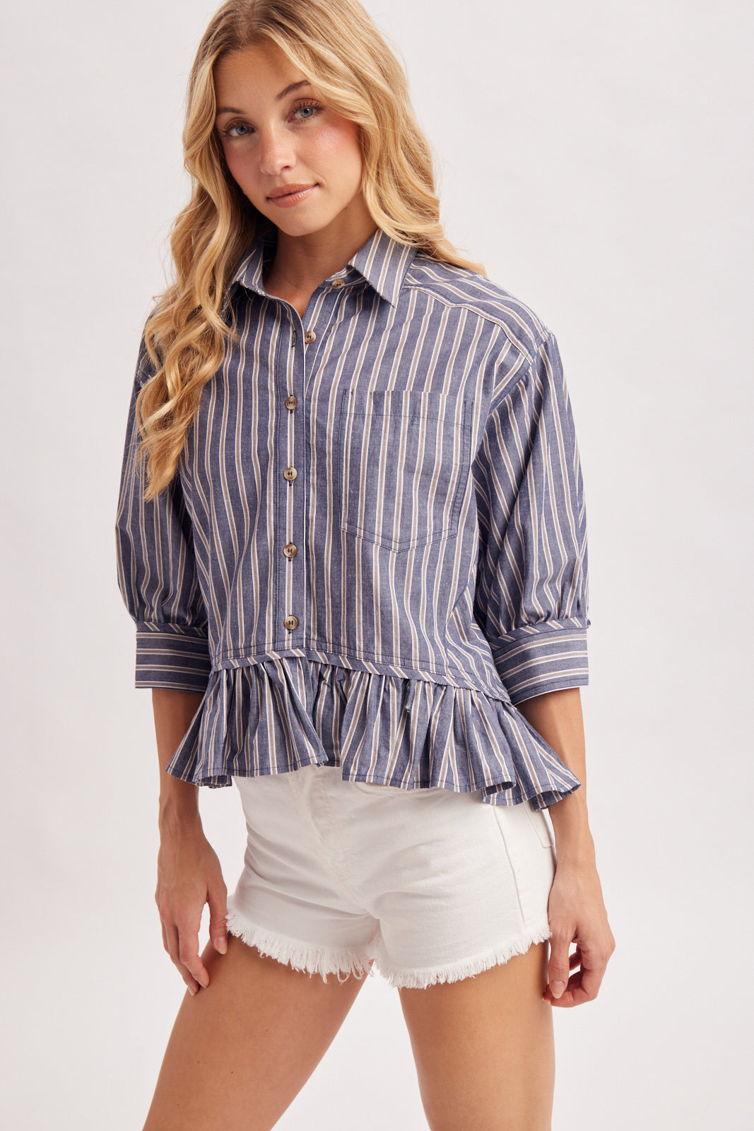 STRIPED BUTTON DOWN RUFFLED HEM SHIRT - NAVY COMBO