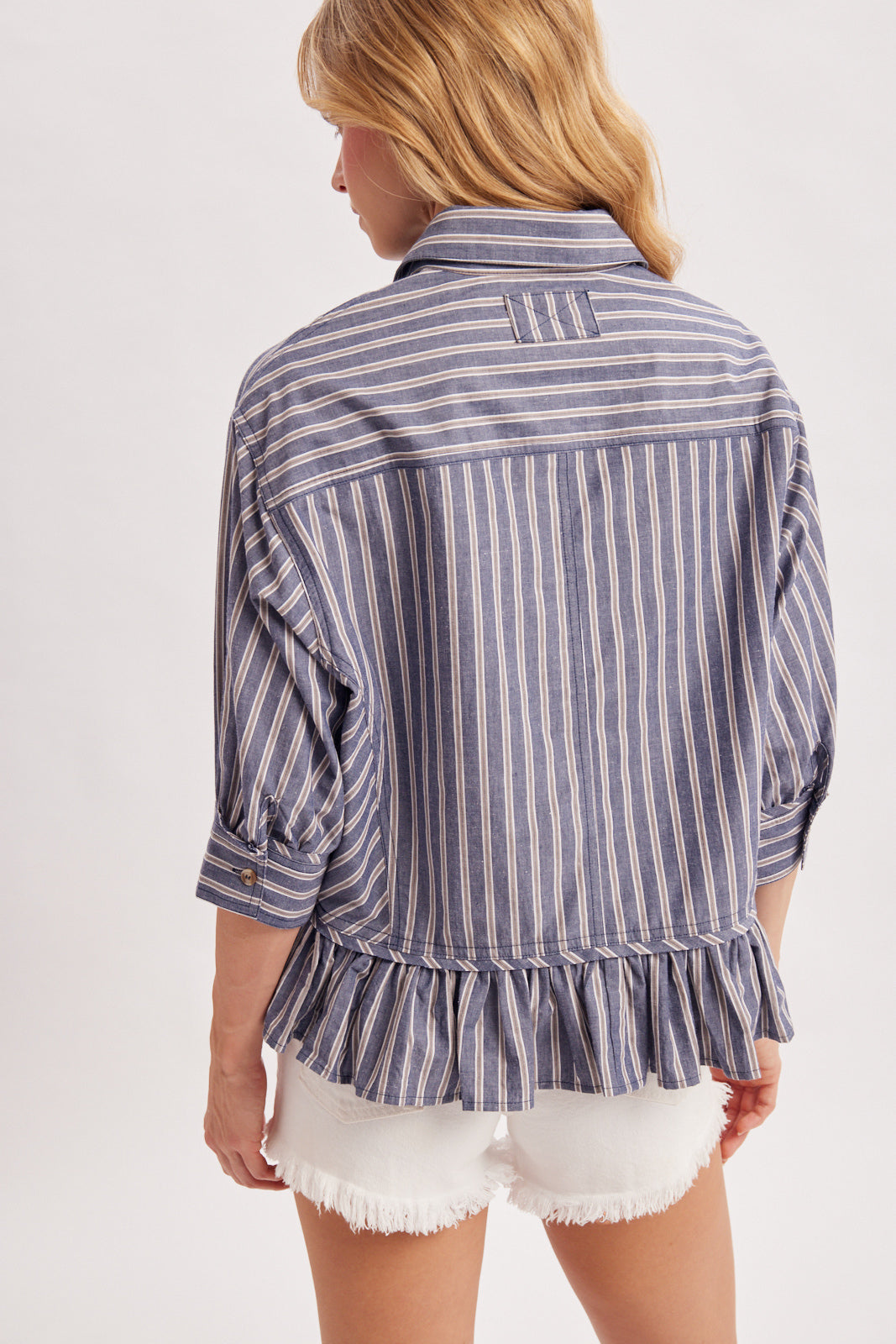 STRIPED BUTTON DOWN RUFFLED HEM SHIRT - NAVY COMBO
