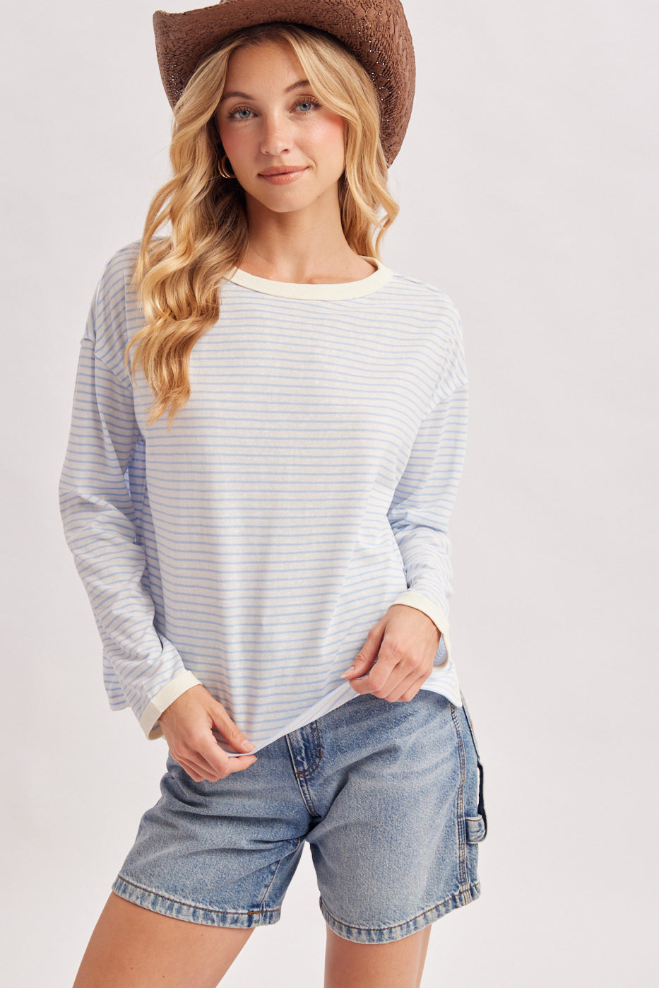 OVERSIZED BOXY STRIPED KNIT LONG SLEEVE TOP - BLUE COMBO