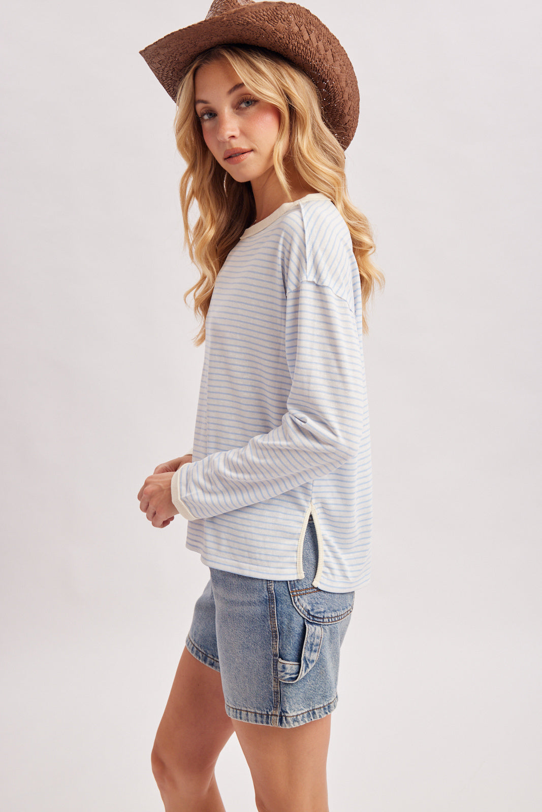 OVERSIZED BOXY STRIPED KNIT LONG SLEEVE TOP - BLUE COMBO