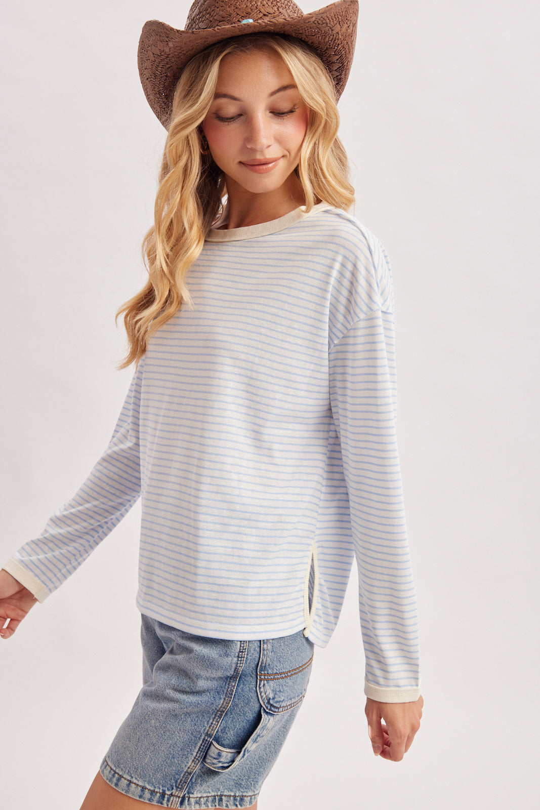 OVERSIZED BOXY STRIPED KNIT LONG SLEEVE TOP - BLUE COMBO