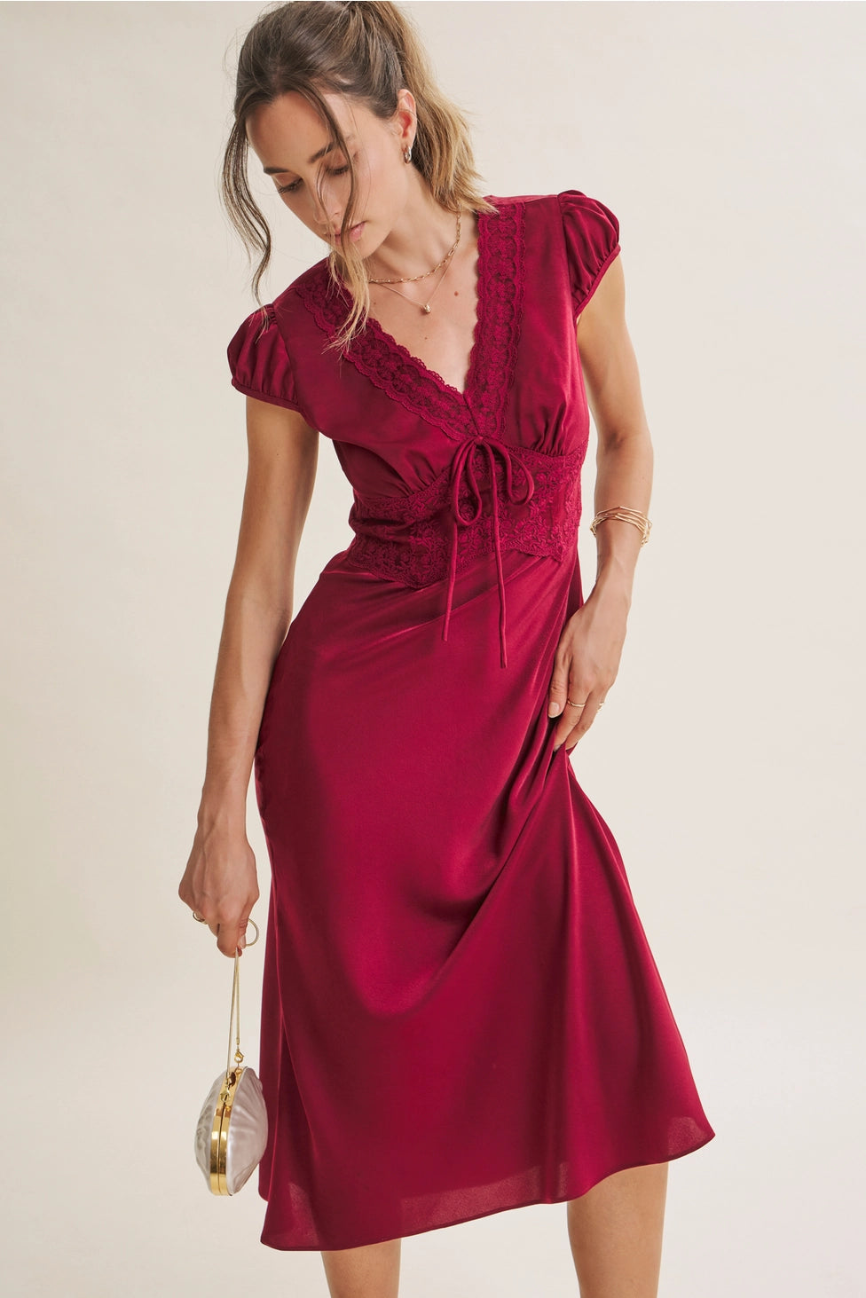 Ruby Satin Lace Midi Dress