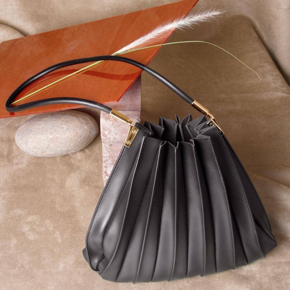 Carrie Black Pleated Vegan Leather Shoulder Bag