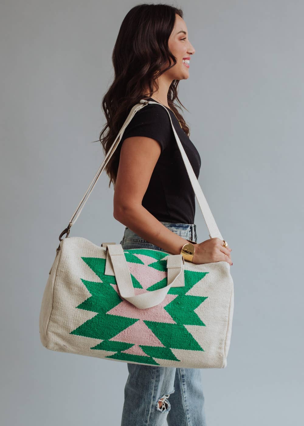 Beige, Green & Pink Aztec Duffel