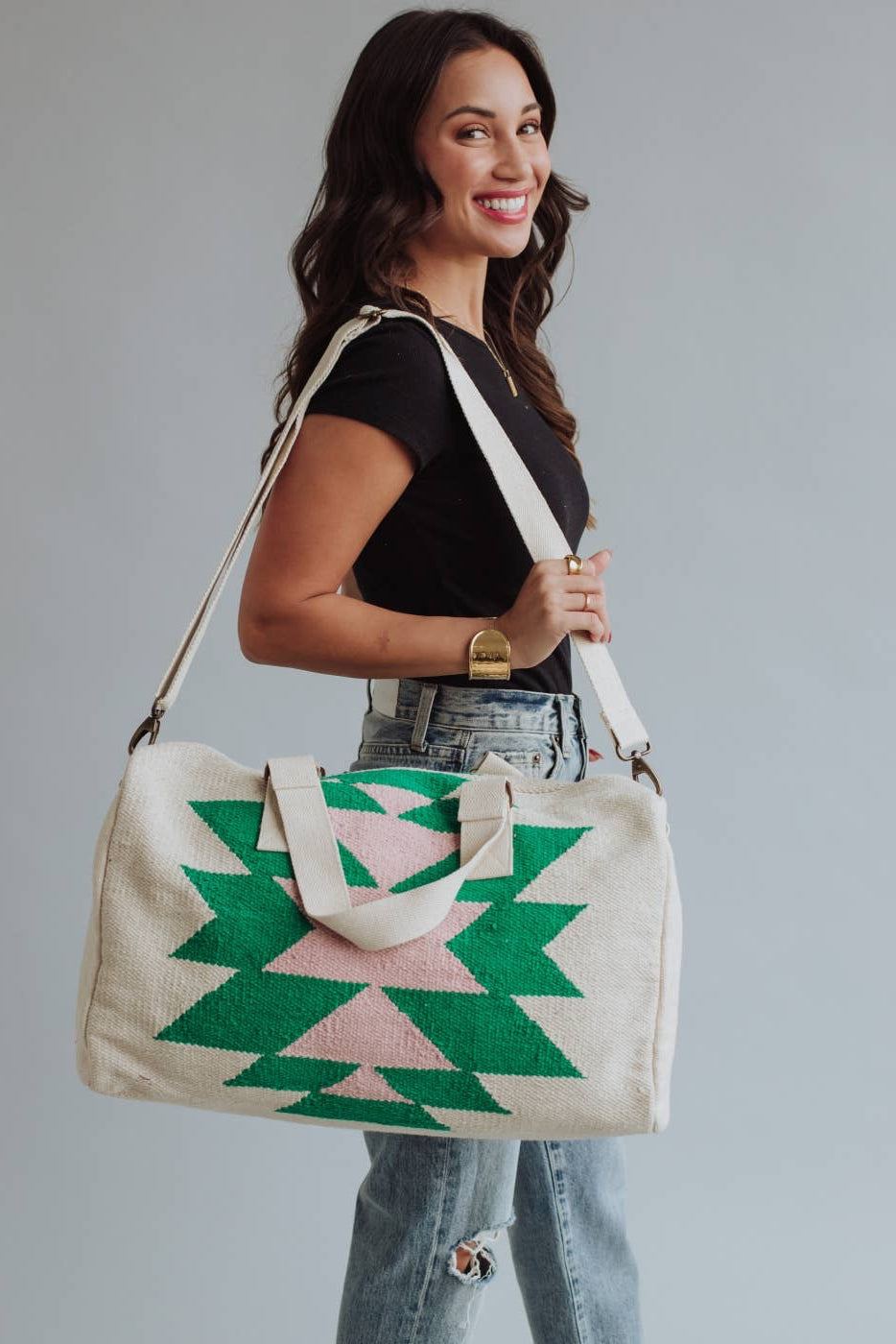 Beige, Green & Pink Aztec Duffel