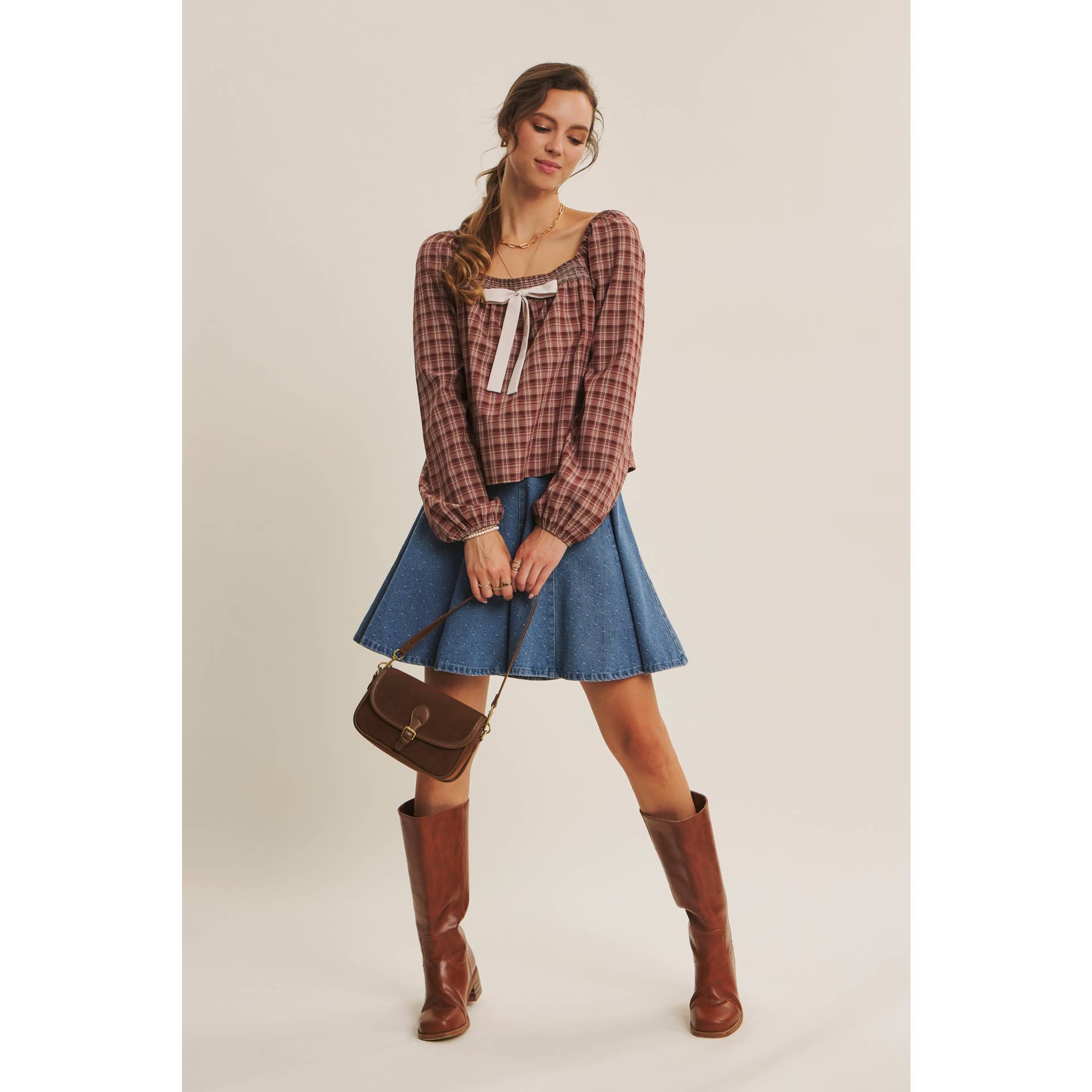 Willa Polka Dot Denim Flare Mini Skirt