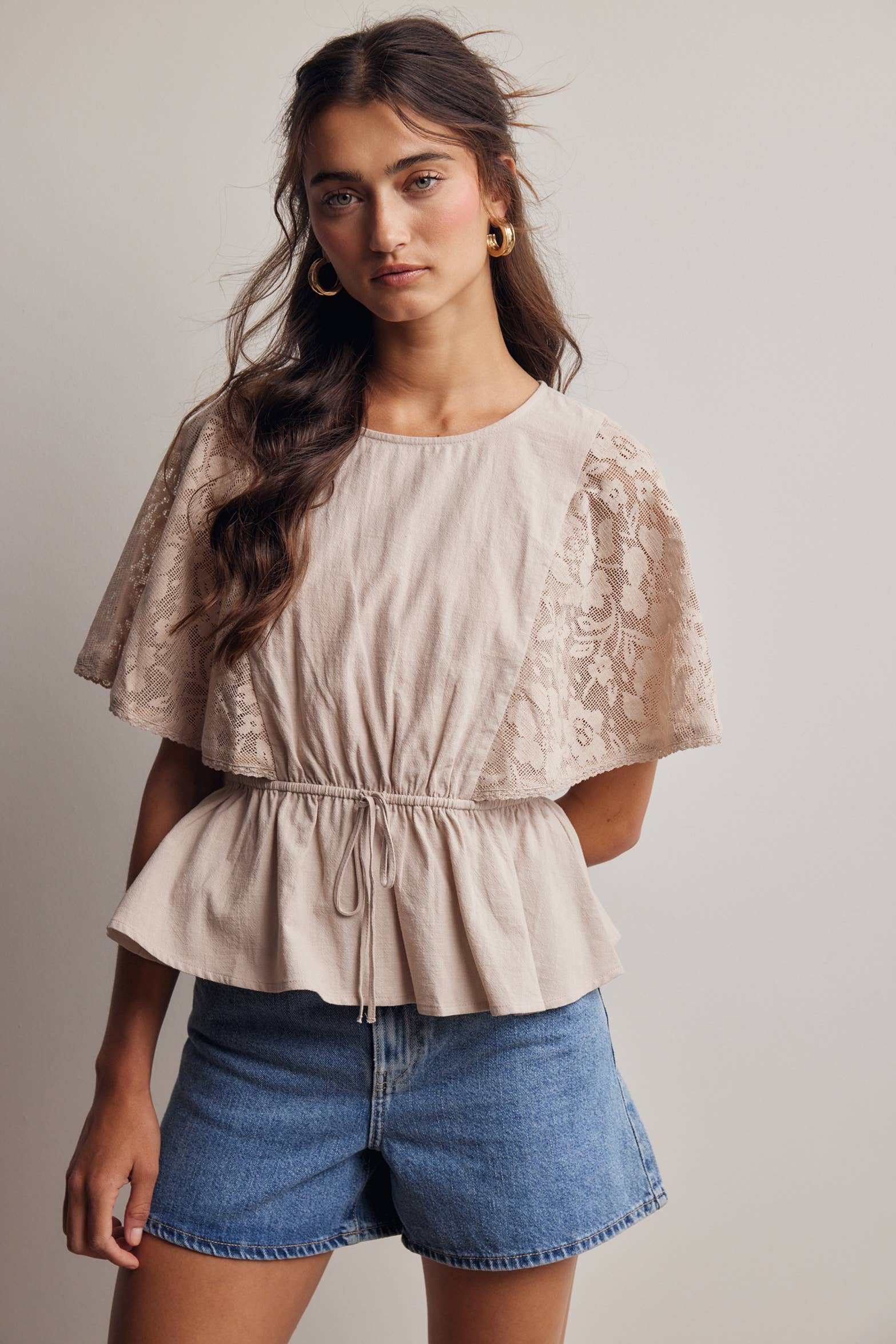 Jimmie Lace Cape Sleeve Peplum Top