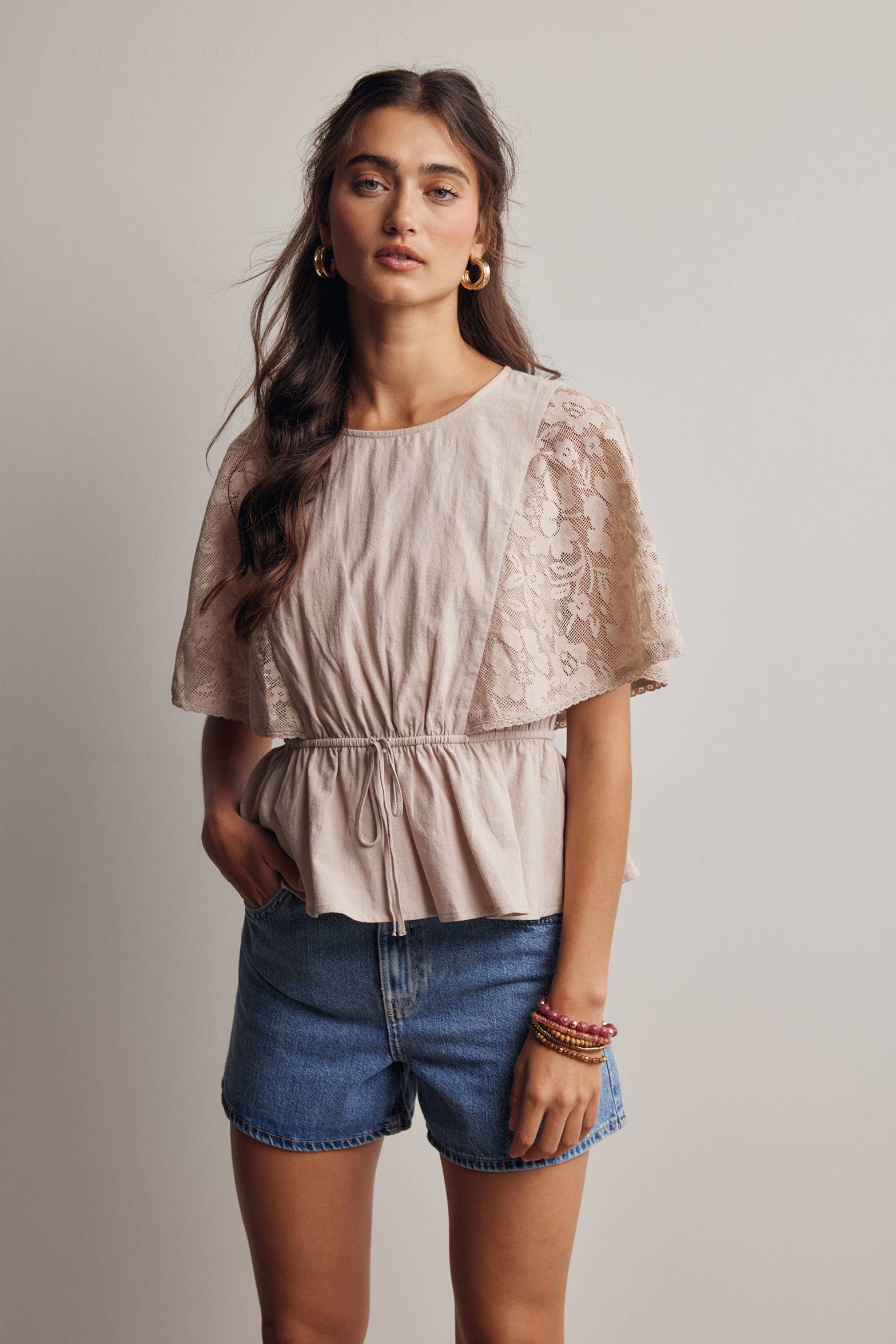 Jimmie Lace Cape Sleeve Peplum Top