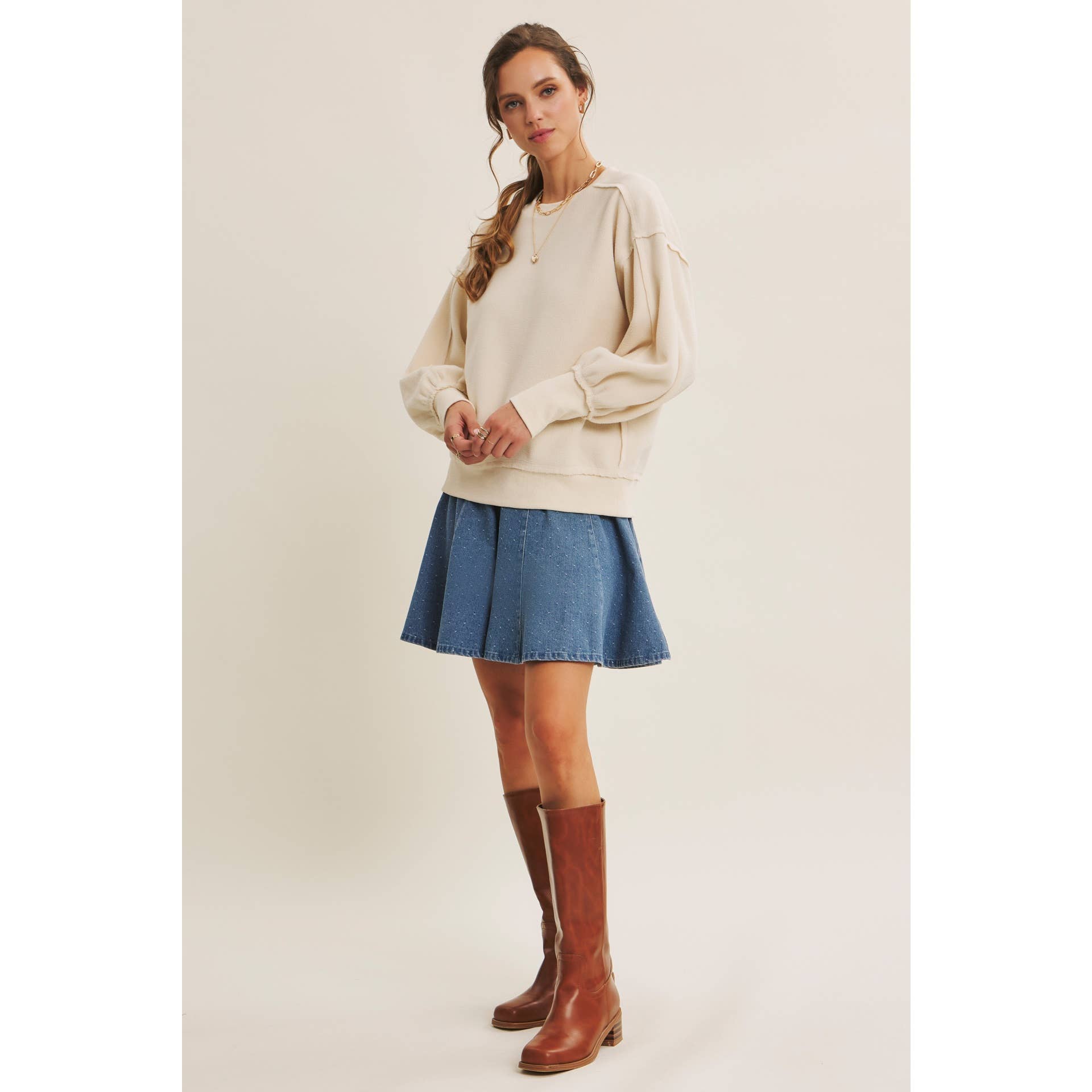 Willa Polka Dot Denim Flare Mini Skirt