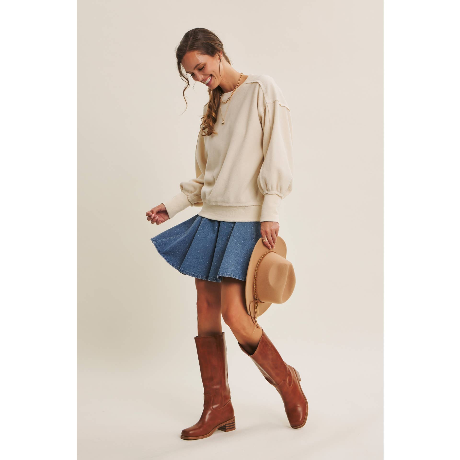 Willa Polka Dot Denim Flare Mini Skirt