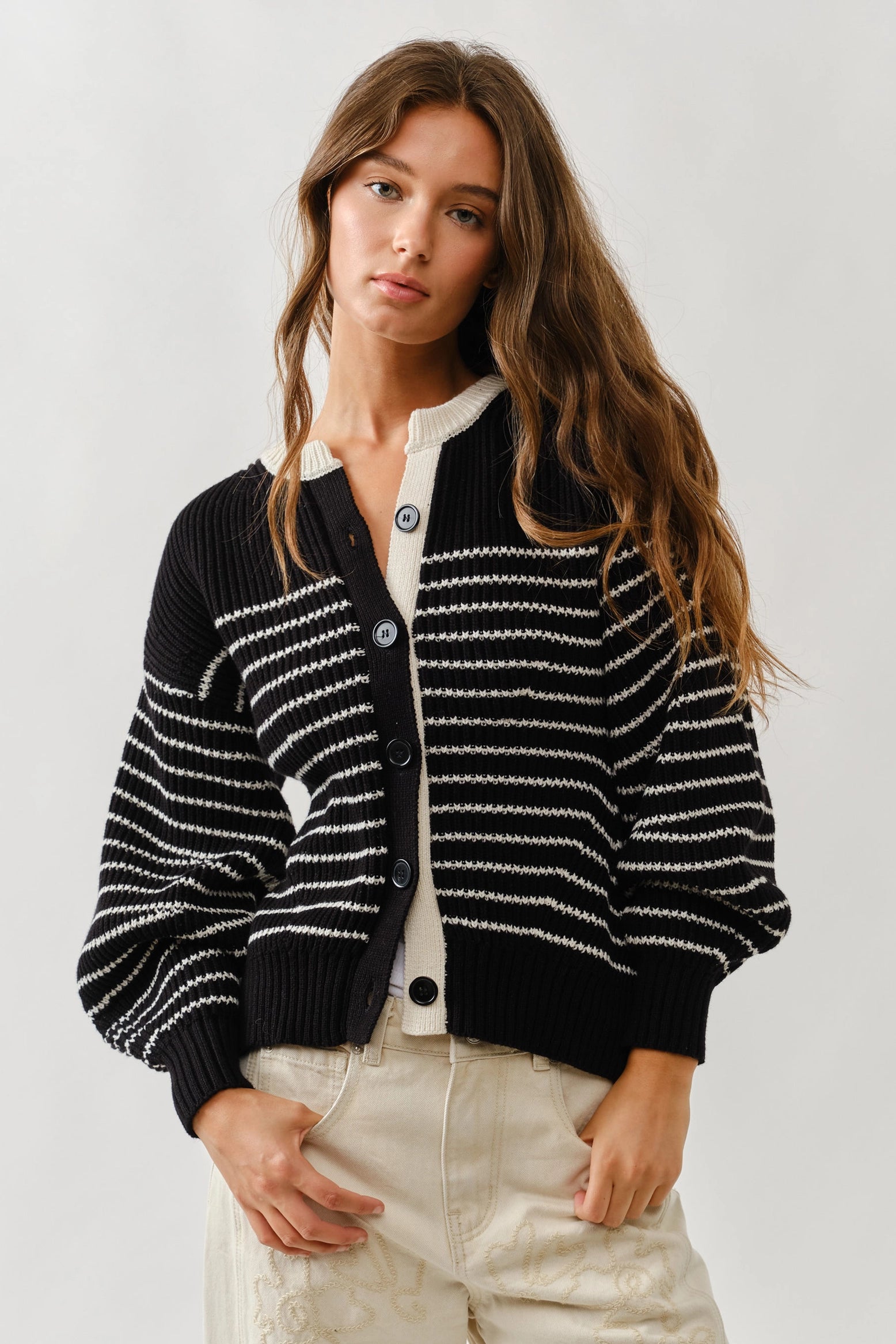 Gabrielle Balloon Sleeve Striped Cardigan