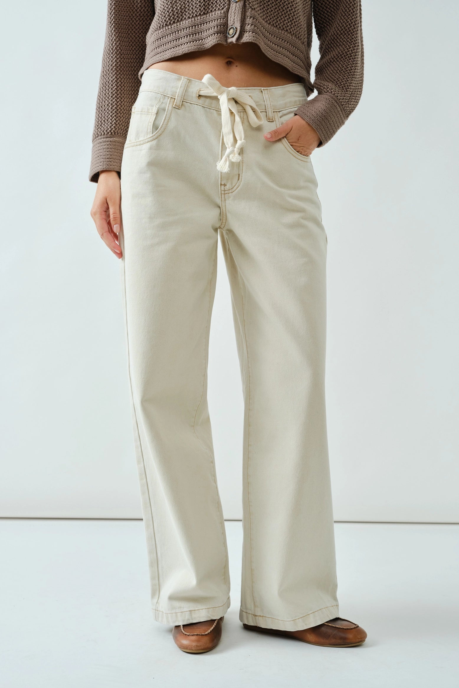 Cheyenne Drawstring Straight Leg Jean in Cream