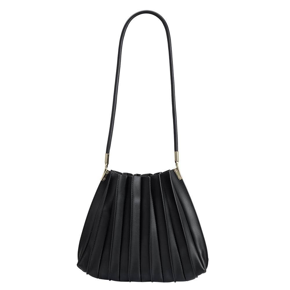 Carrie Black Pleated Vegan Leather Shoulder Bag