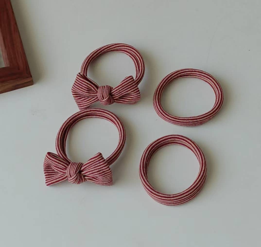 Red Striped Bow Seamless Hair Ties (Set of 4)