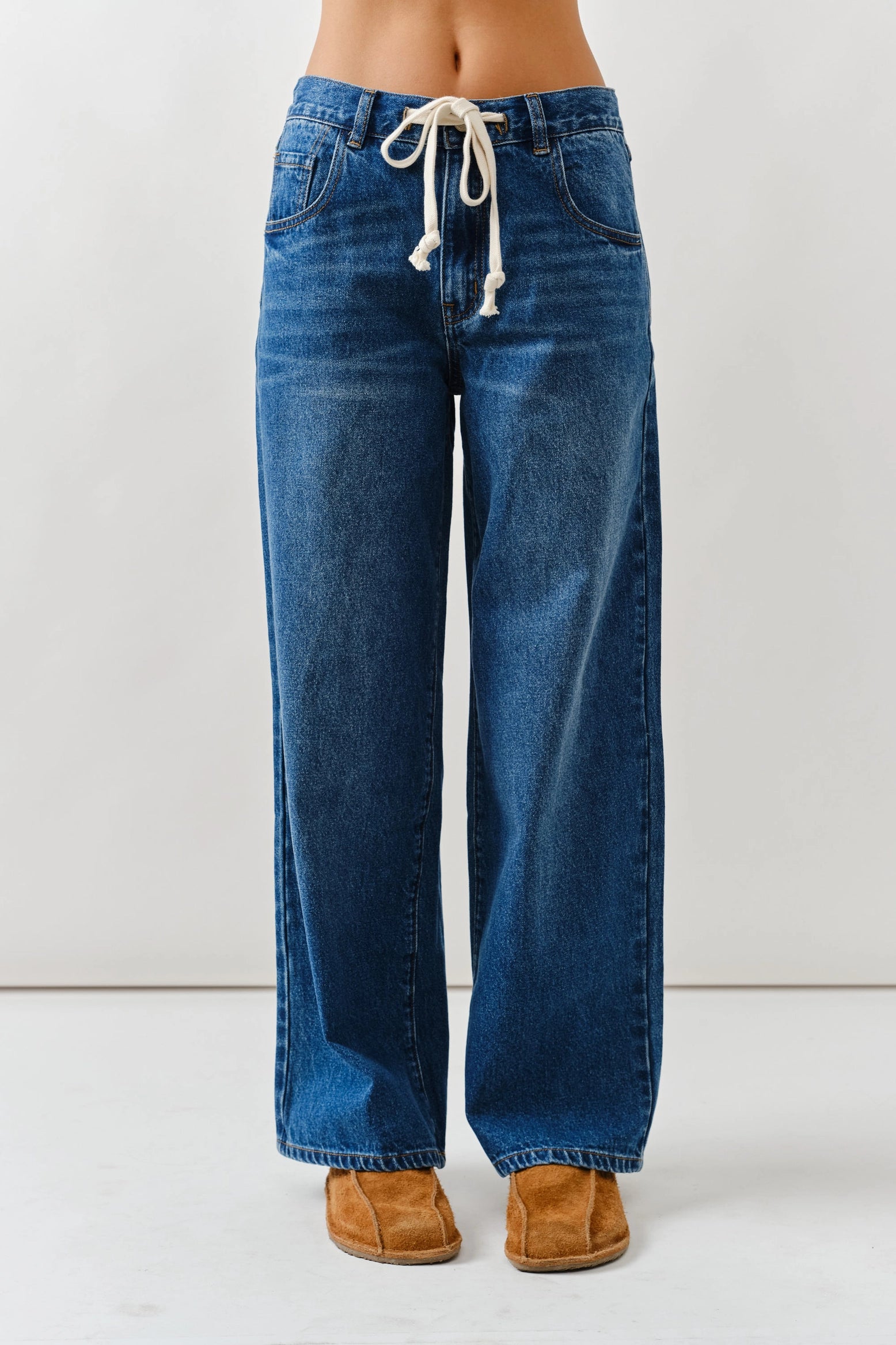 Cheyenne Drawstring Straight Leg Jeans in Medium Denim