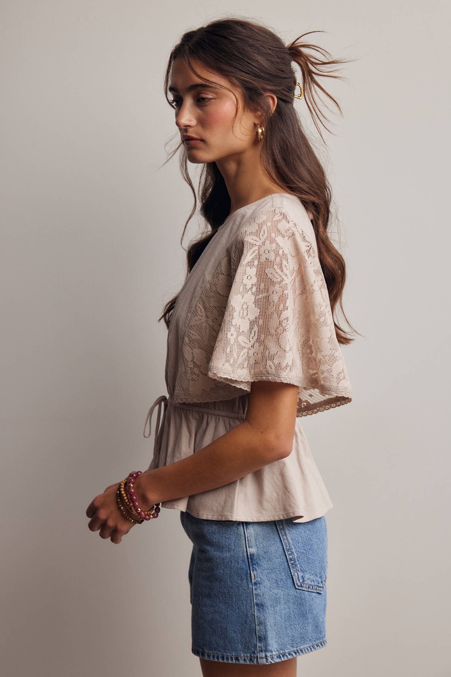 Jimmie Lace Cape Sleeve Peplum Top