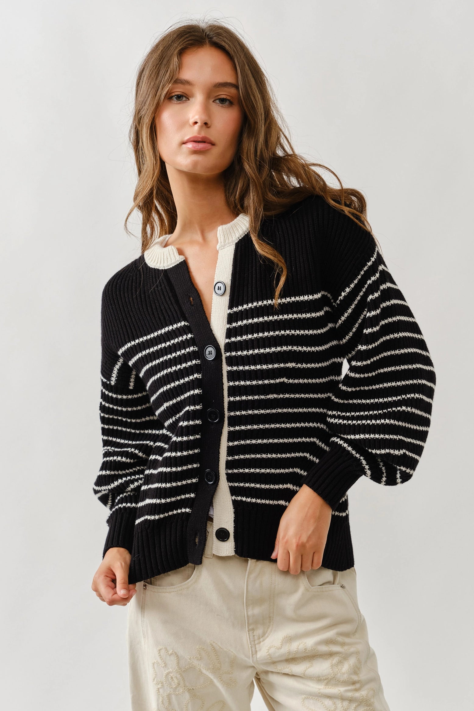 Gabrielle Balloon Sleeve Striped Cardigan