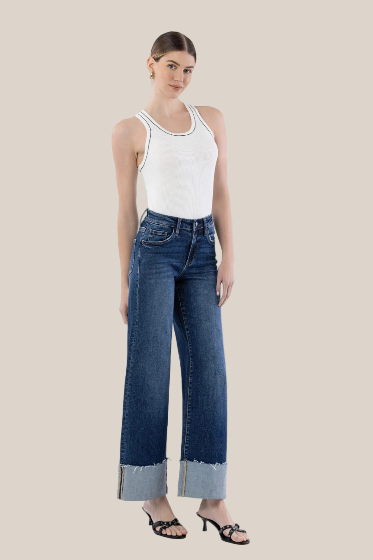 Heather High Rise Cuffed Wide Leg Jeans