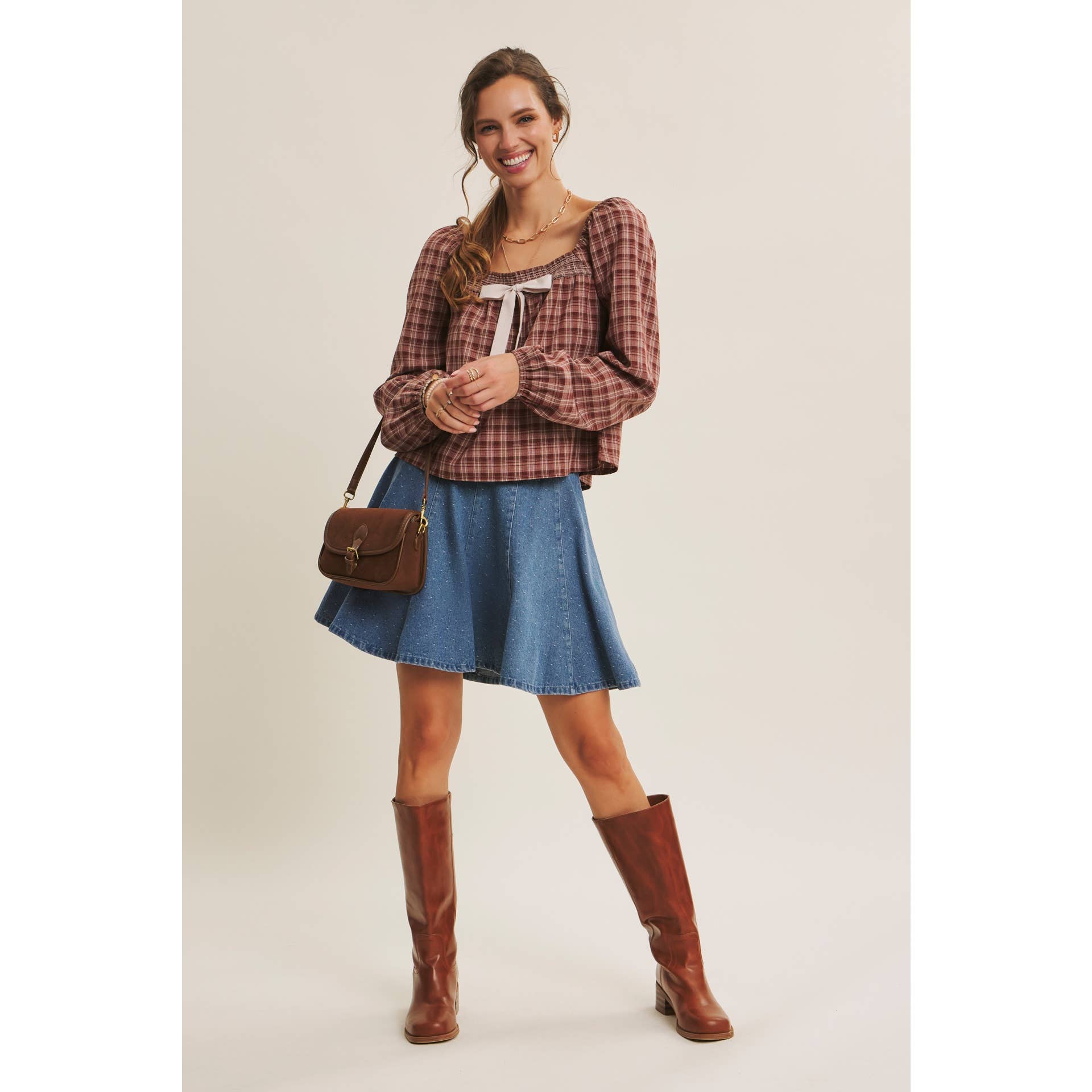 Willa Polka Dot Denim Flare Mini Skirt