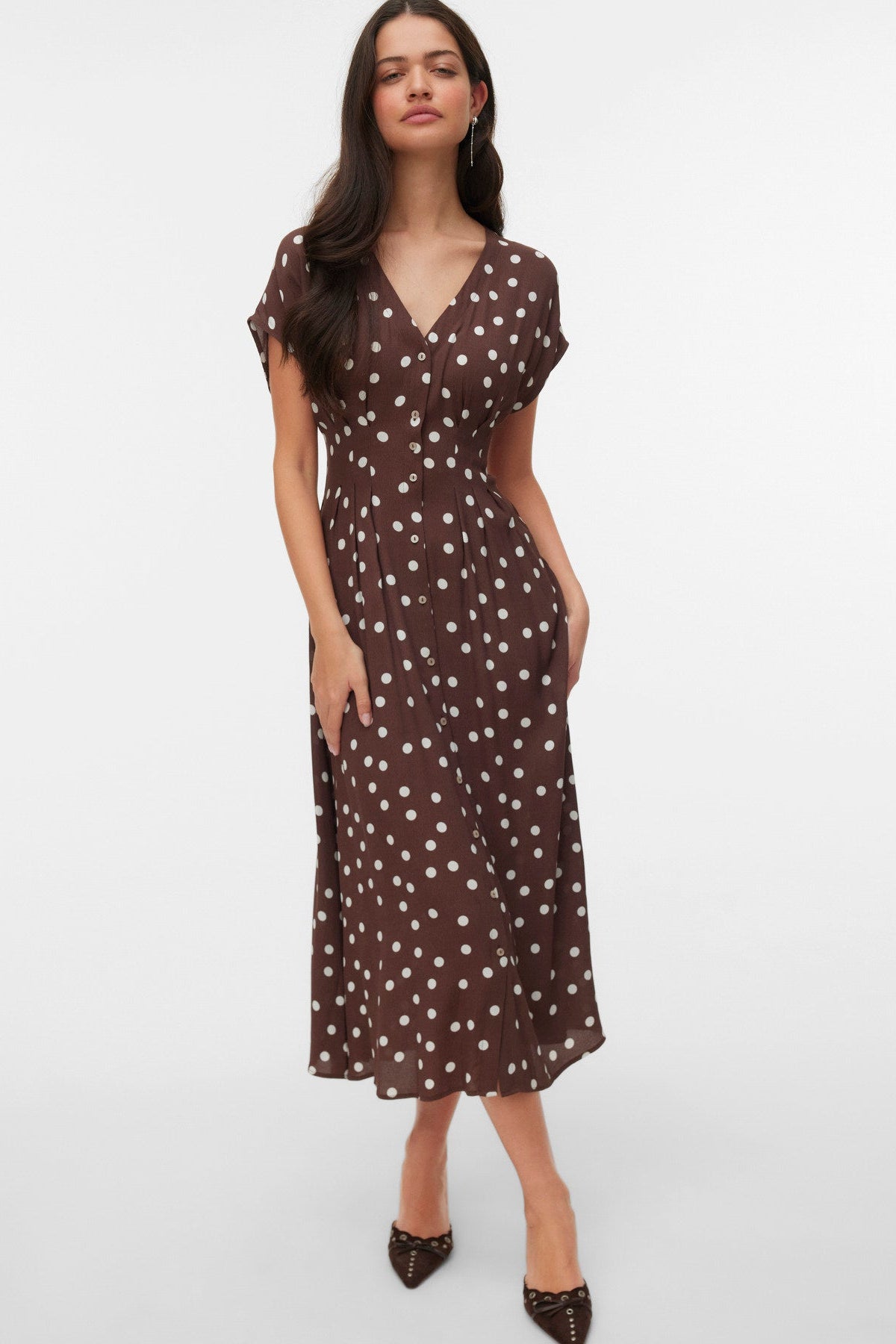 VMELISA SL PLEAT SHIRT 7/8 DRESS WVN - Chocolate Martini Snow white dot