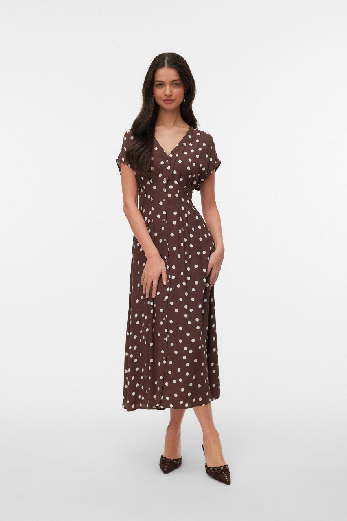 VMELISA SL PLEAT SHIRT 7/8 DRESS WVN - Chocolate Martini Snow white dot